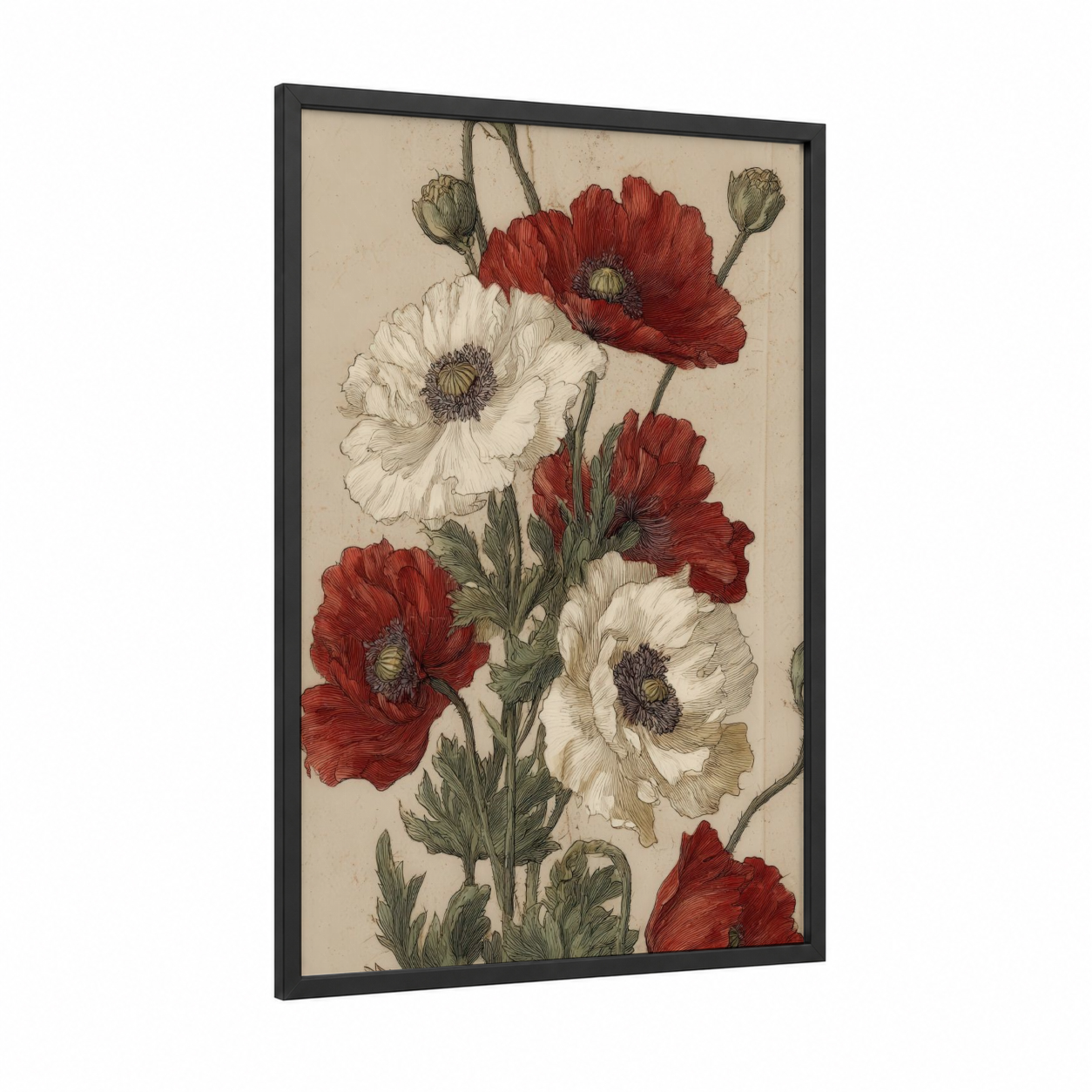 Red and White Poppies framed art print — black wood frame — red and cream palette