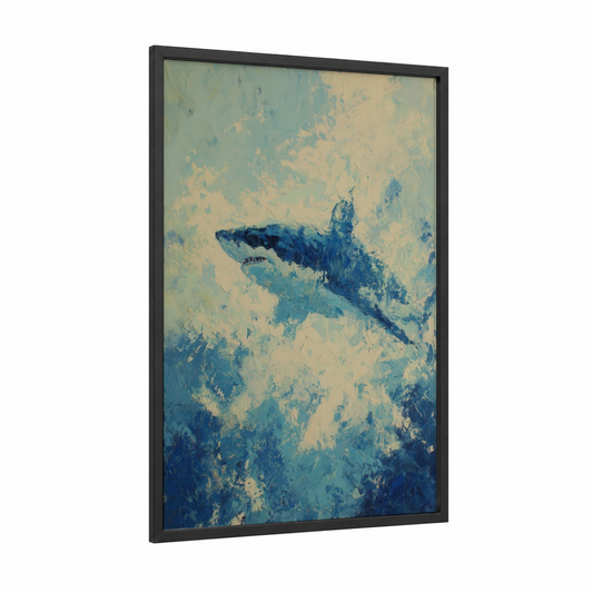Azure Shark Dance framed blue shark print — black wood frame — blue and cream palette
