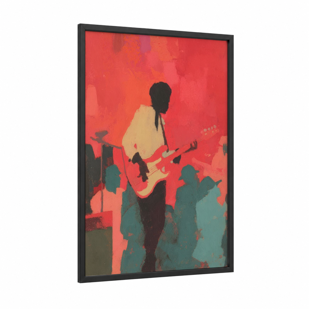 Stage Performer Bass framed bass guitar print — black wood frame — red and orange palette