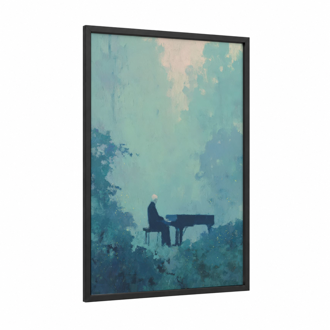 Solitary Pianist framed piano print — black wood frame — teal and blue palette
