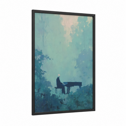 Solitary Pianist framed piano print — black wood frame — teal and blue palette