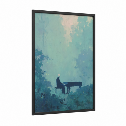 Solitary Pianist framed piano print — black wood frame — teal and blue palette