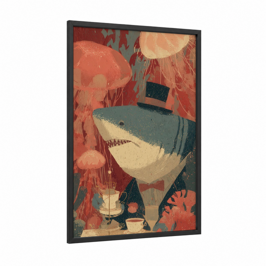 Basking Shark framed art print — black wood frame — salmon pink and dove gray palette
