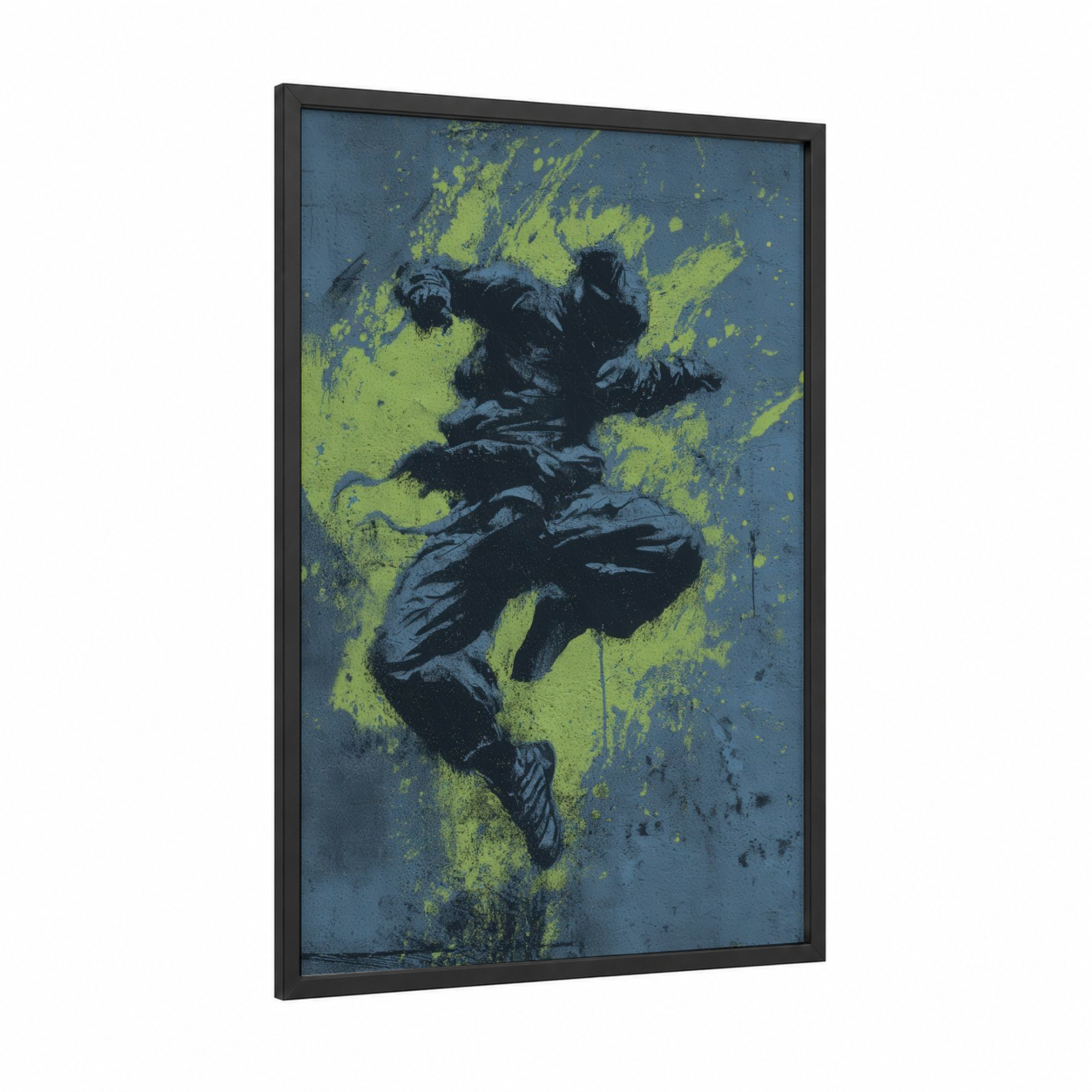Dynamic Kick Boxer framed kick boxing print — black wood frame — black and lime green palette