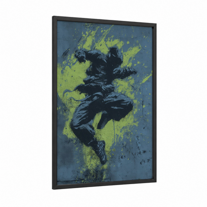 Dynamic Kick Boxer framed kick boxing print — black wood frame — black and lime green palette
