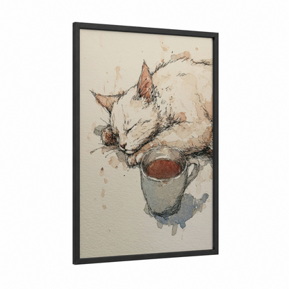 Cozy Coffee Cat framed art print — black wood frame — beige and peach palette