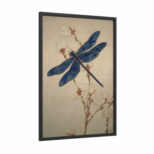 Azure Dragonfly framed art print — black wood frame — dark blue and cream palette