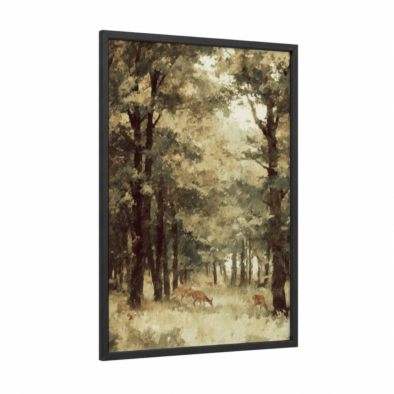 Misty Oak Forest framed art print — black wood frame — sage green and cream palette