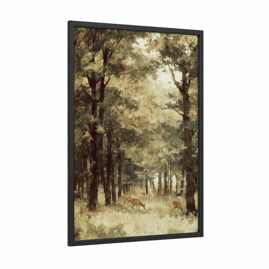 Misty Oak Forest framed art print — black wood frame — sage green and cream palette
