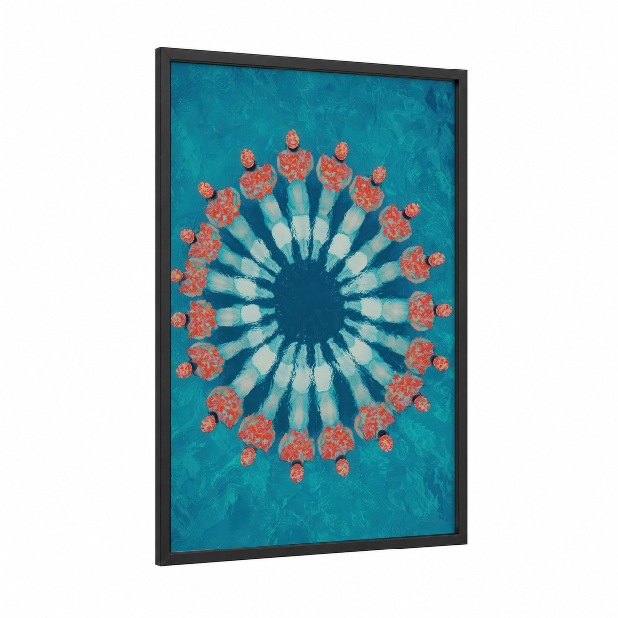 Aerial Pool Circle framed swimming print — black wood frame — turquoise and salmon pink palette