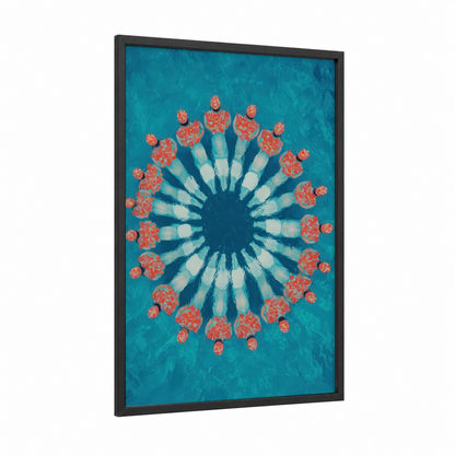 Aerial Pool Circle framed swimming print — black wood frame — turquoise and salmon pink palette
