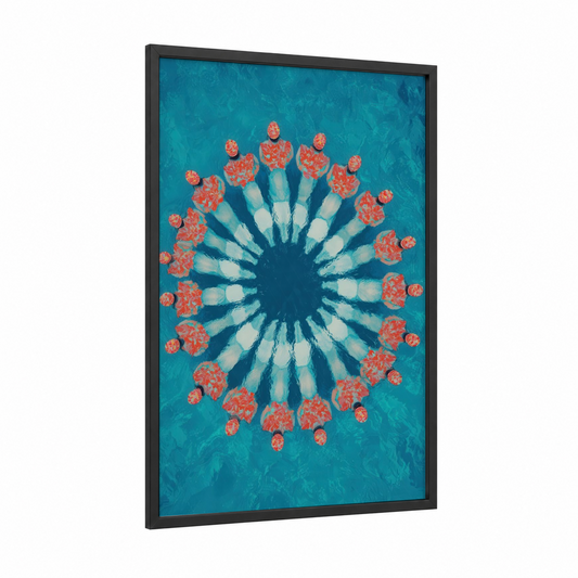 Aerial Pool Circle framed swimming print — black wood frame — turquoise and salmon pink palette