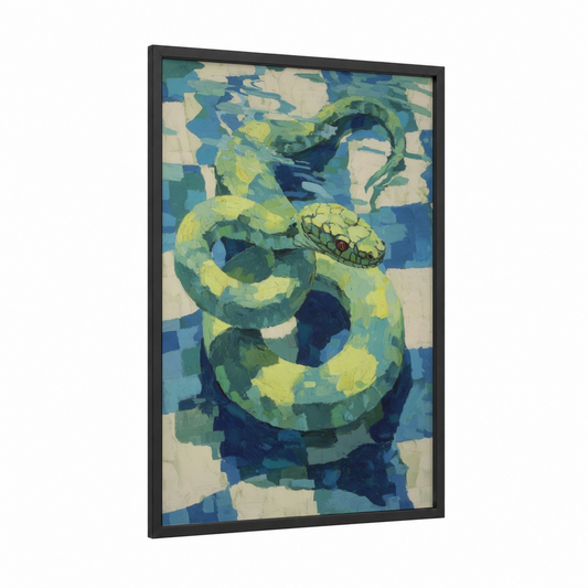 Green Water Serpent framed eels print — black wood frame — blue and lime green palette