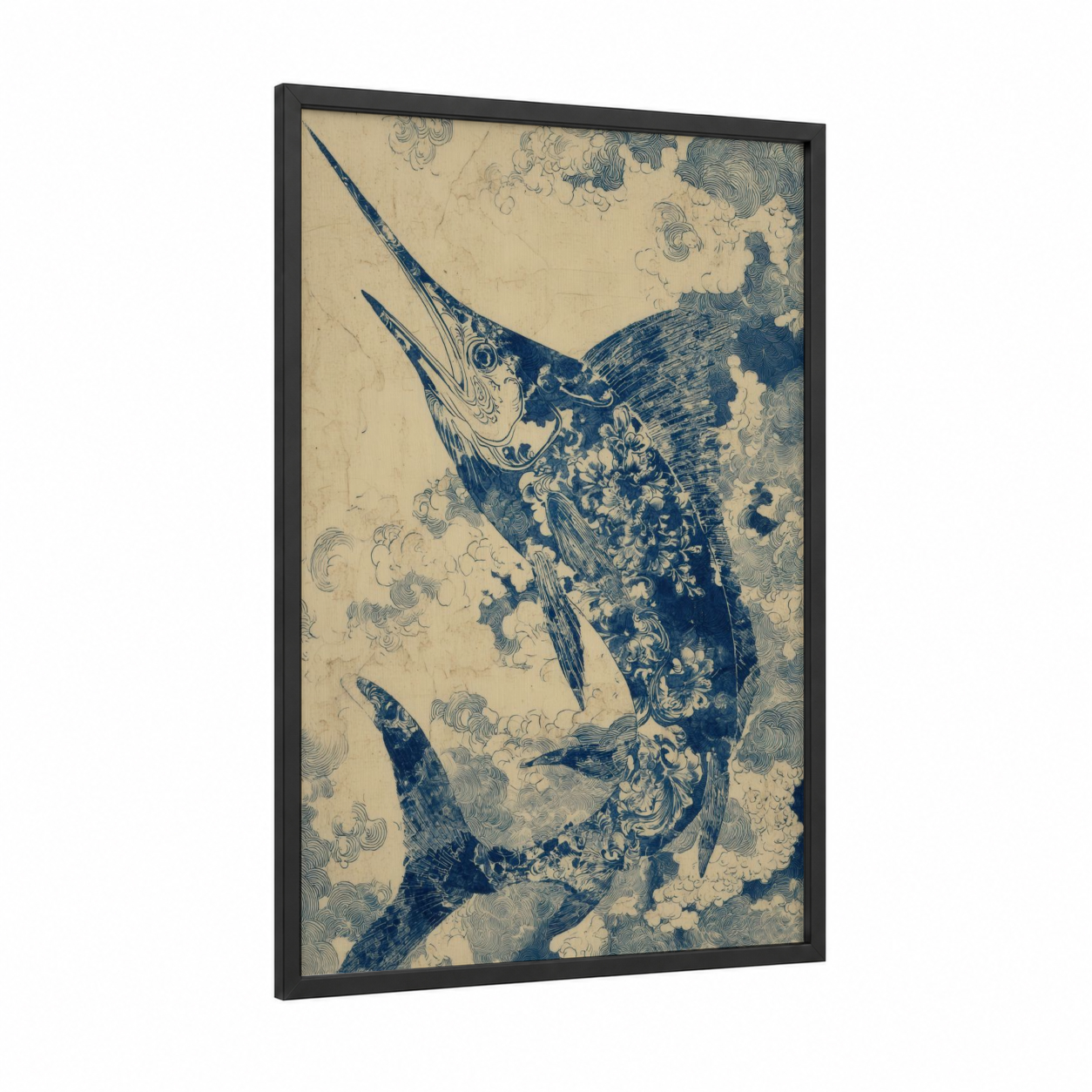 Azure Sailfish framed art print — black wood frame — blue and cream palette