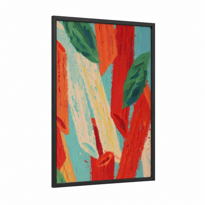 Vibrant Pasta Abstract framed art print — black wood frame — red and orange palette