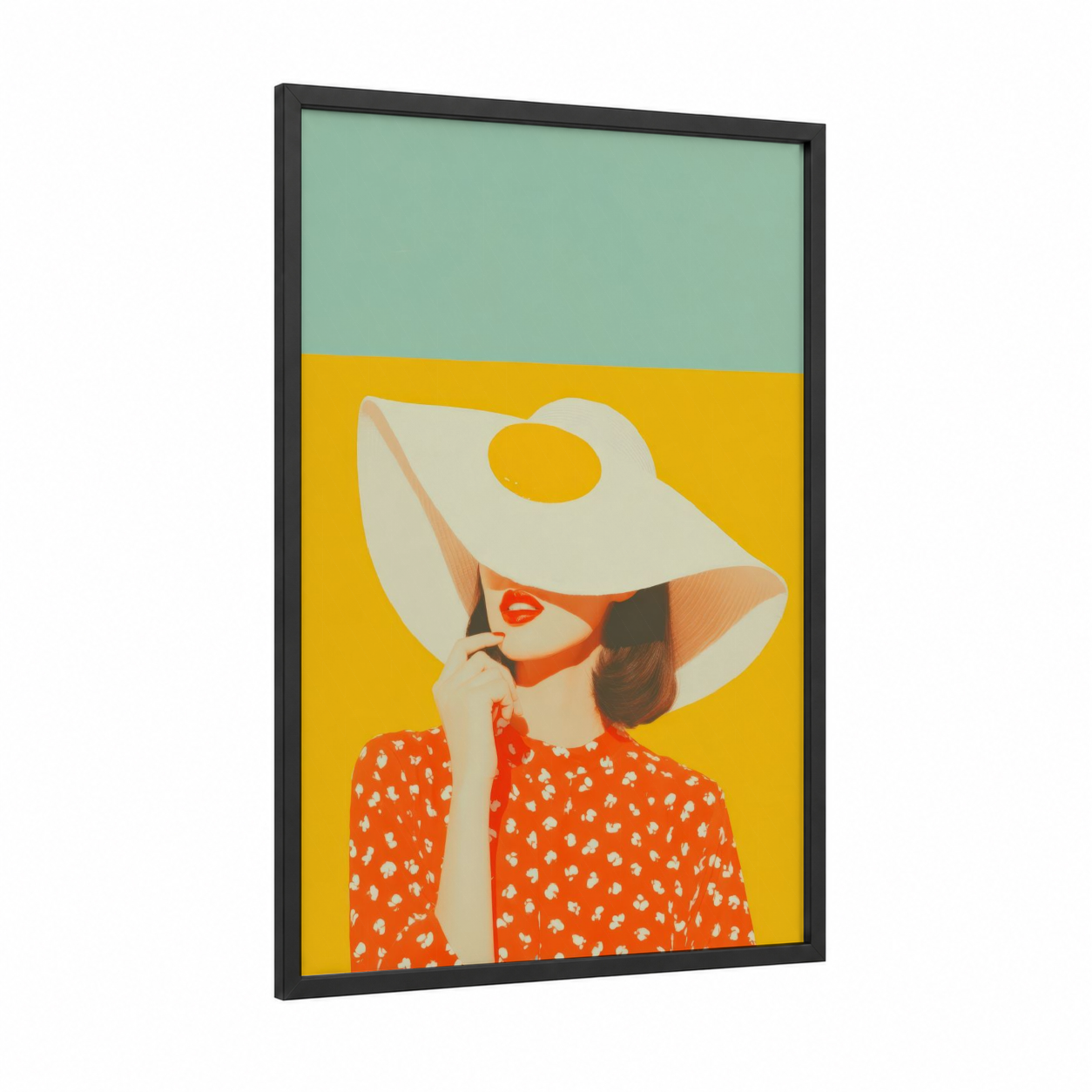 Sunshine Fashion Portrait framed women's fashion print — black wood frame — yellow gold and red palette