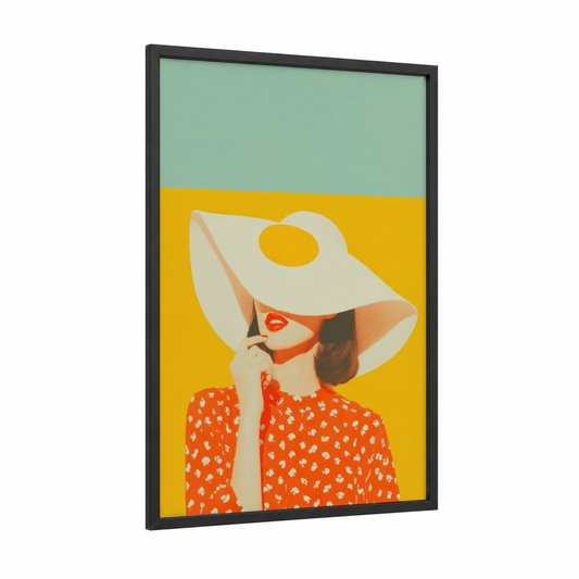 Sunshine Fashion Portrait framed women's fashion print — black wood frame — yellow gold and red palette