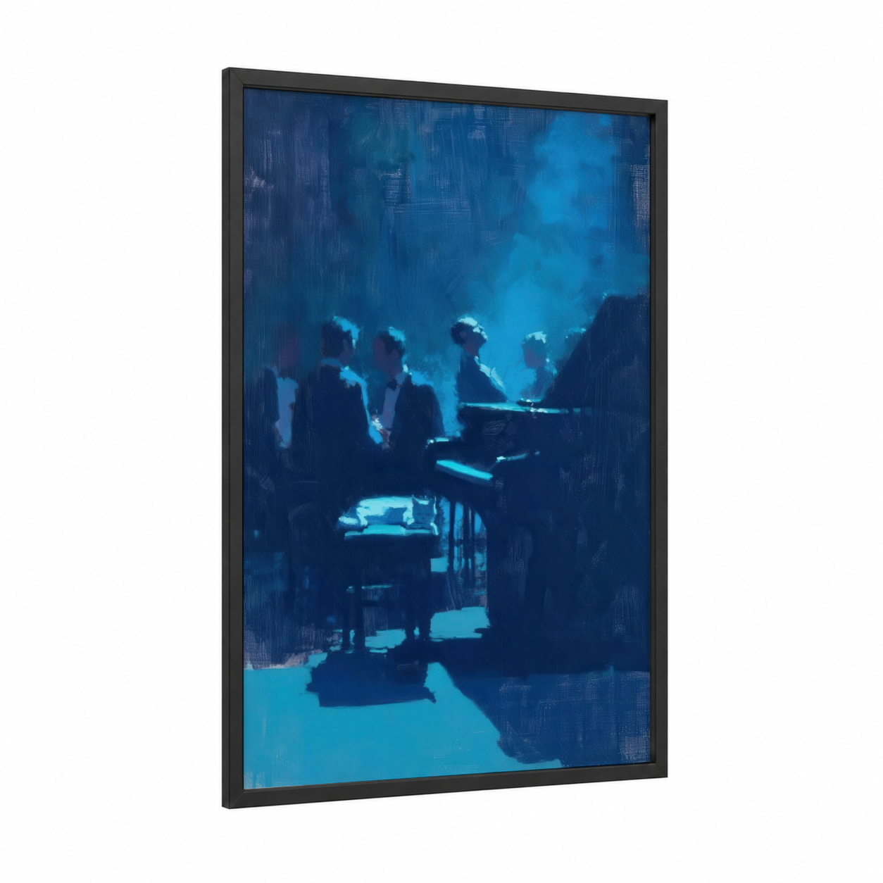 Midnight Piano Cat framed art print — black wood frame — blue and dark blue palette