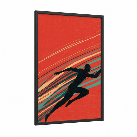 Dynamic Runner Silhouette framed track and field print — black wood frame — red and teal palette