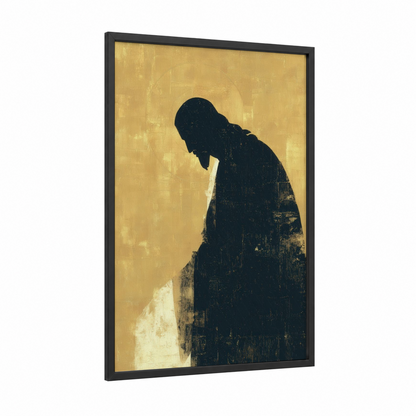 Contemplative Christ framed jesus christ print — black wood frame — gold and black palette