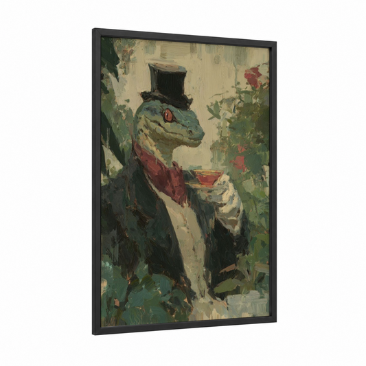 Dapper Python framed art print — black wood frame — sage green and cream palette