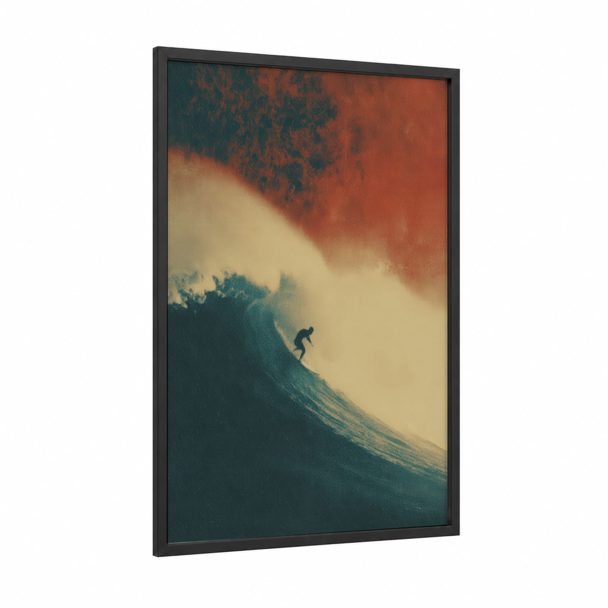 Crimson Wave Surfer framed water surfing print — black wood frame — teal and russet palette