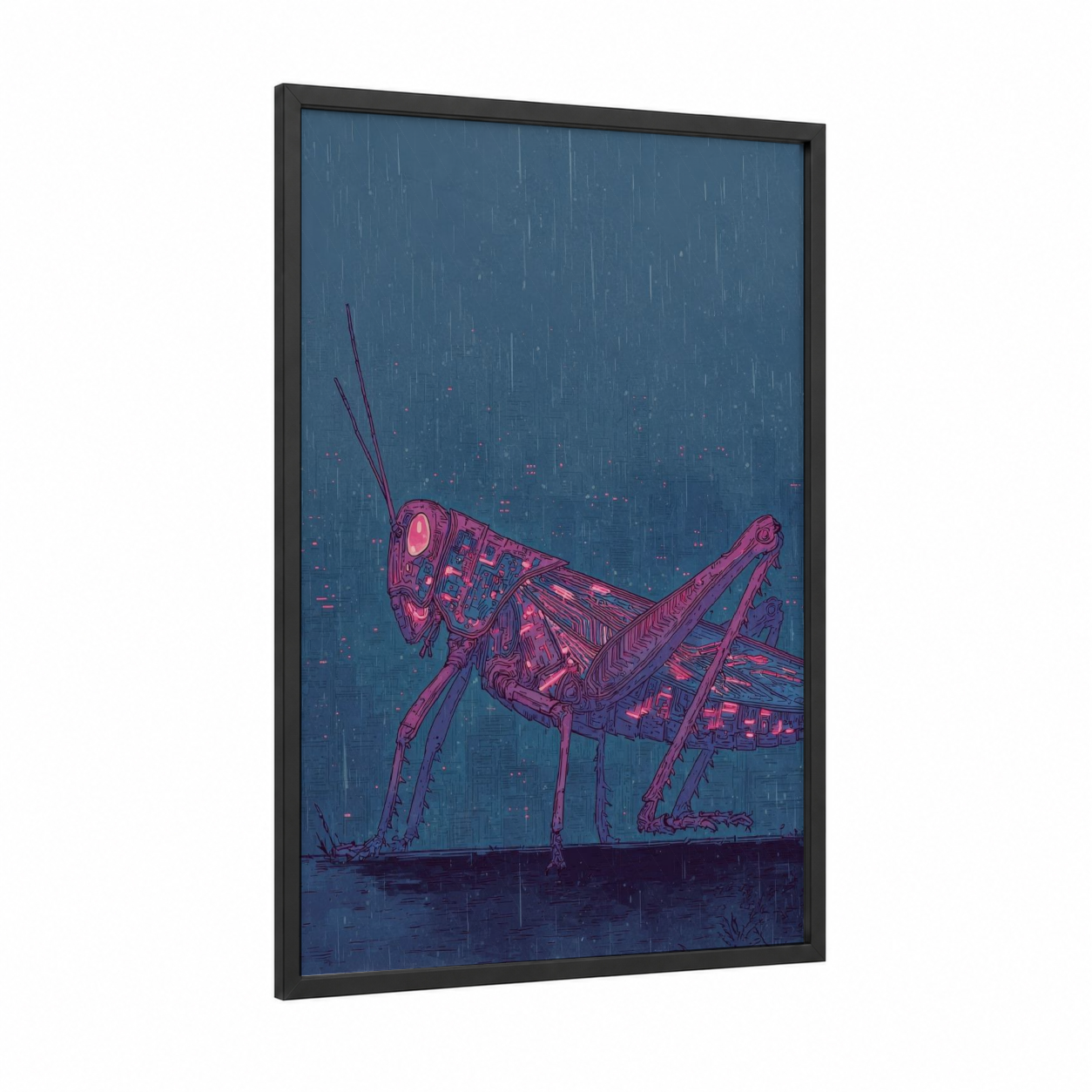 Neon Grasshopper framed art print — black wood frame — magenta and dark blue palette