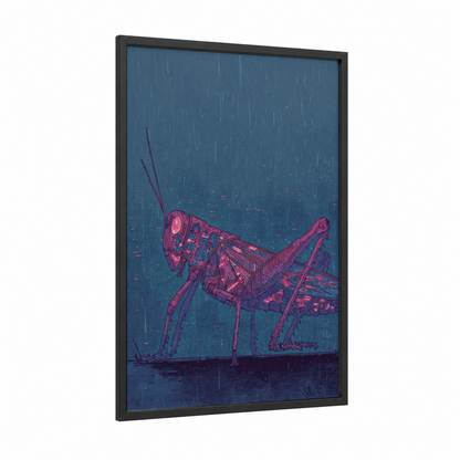 Neon Grasshopper framed art print — black wood frame — magenta and dark blue palette
