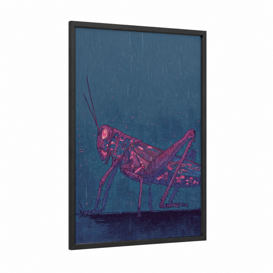 Neon Grasshopper framed art print — black wood frame — magenta and dark blue palette