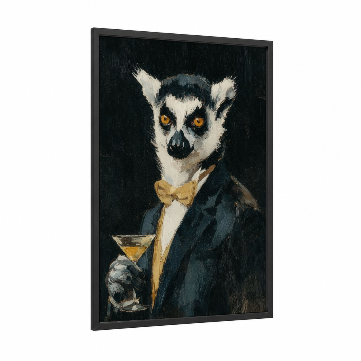 Dapper Lemur framed art print — black wood frame — black and white and gold palette
