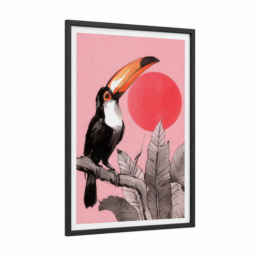 Crimson Toucan framed art print — black wood frame — pink and orange palette