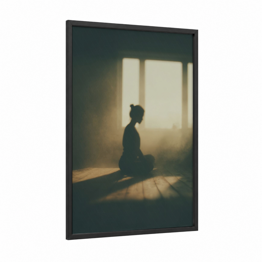 Serene Window Meditation framed yoga print — black wood frame — gold and dove gray palette