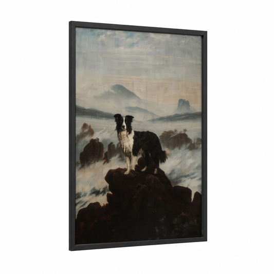 Mountain Guardian framed shepherd dogs and collies print — black wood frame — gray and white and dove gray palette