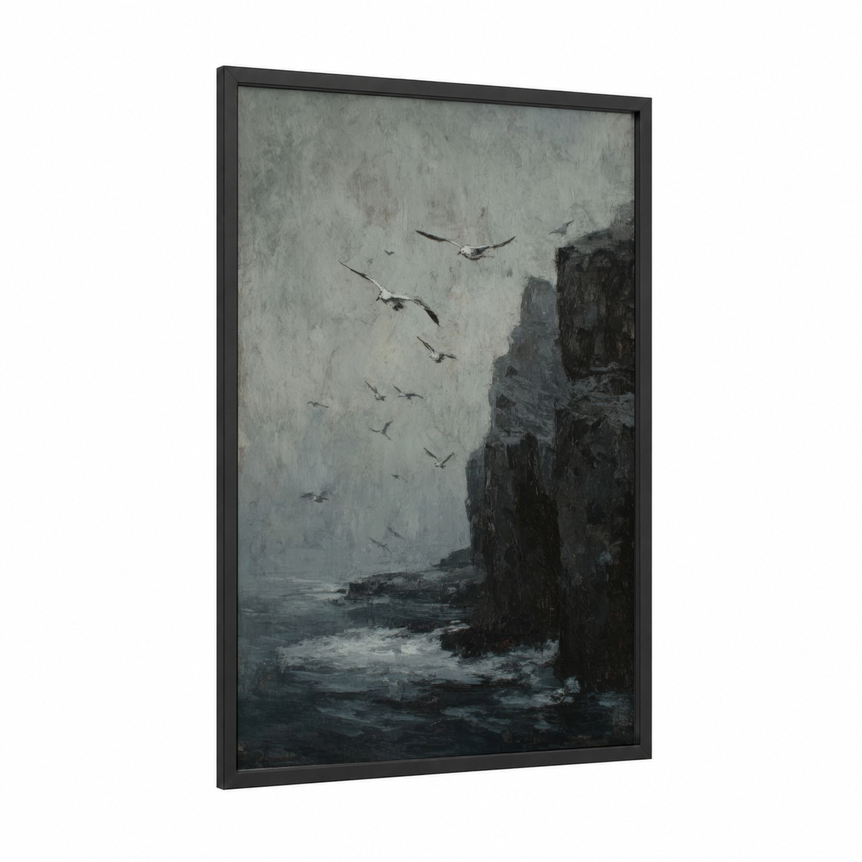 Stormy Cliff Escape framed art print — black wood frame — gray and black and white palette