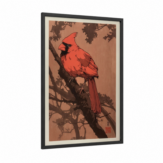 Crimson Cardinal Branch framed art print — black wood frame — red and brown palette