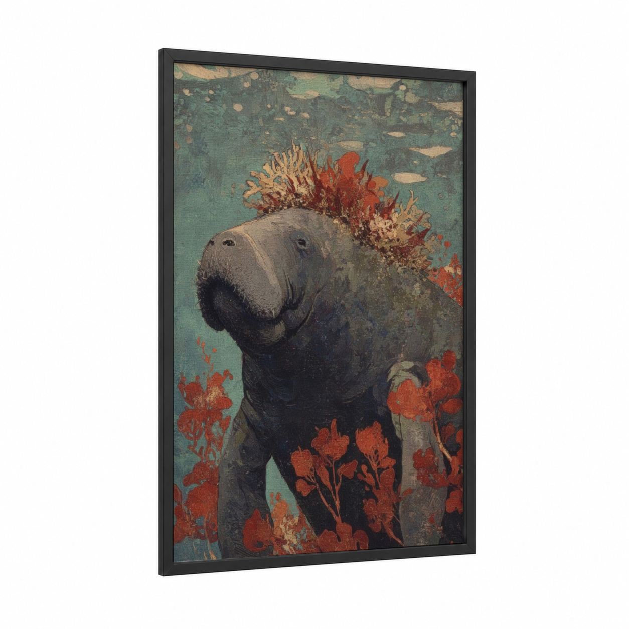 Coral Manatee framed manatees print — black wood frame — teal and red palette