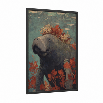 Coral Manatee framed manatees print — black wood frame — teal and red palette