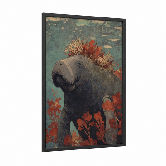 Coral Manatee framed manatees print — black wood frame — teal and red palette