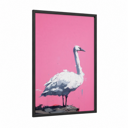 Pink Swan framed art print — black wood frame — pink and white palette