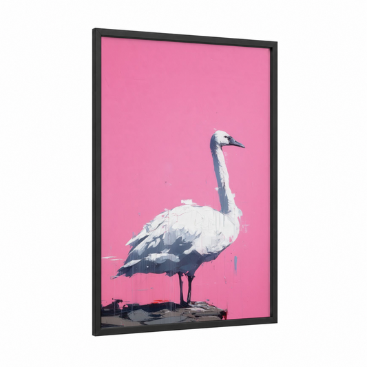 Pink Swan framed art print — black wood frame — pink and white palette