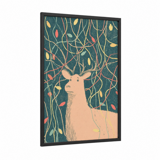 Festive Reindeer framed christmas print — black wood frame — teal and gold palette