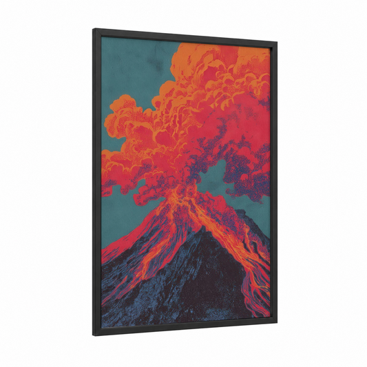Erupting Volcano framed art print — black wood frame — red and blue palette