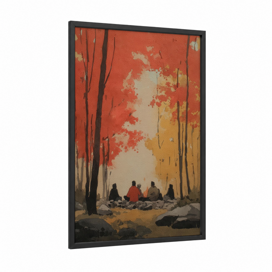 Autumn Campfire framed camping print — black wood frame — orange and cream palette