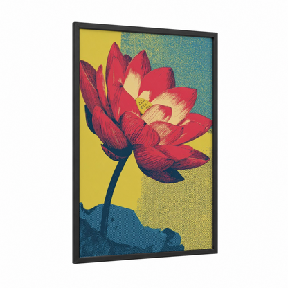 Crimson Lotus Bloom framed art print — black wood frame — red and yellow palette
