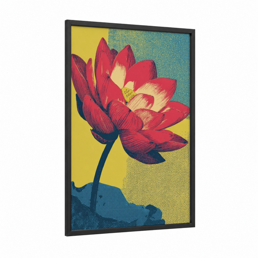Crimson Lotus Bloom framed art print — black wood frame — red and yellow palette