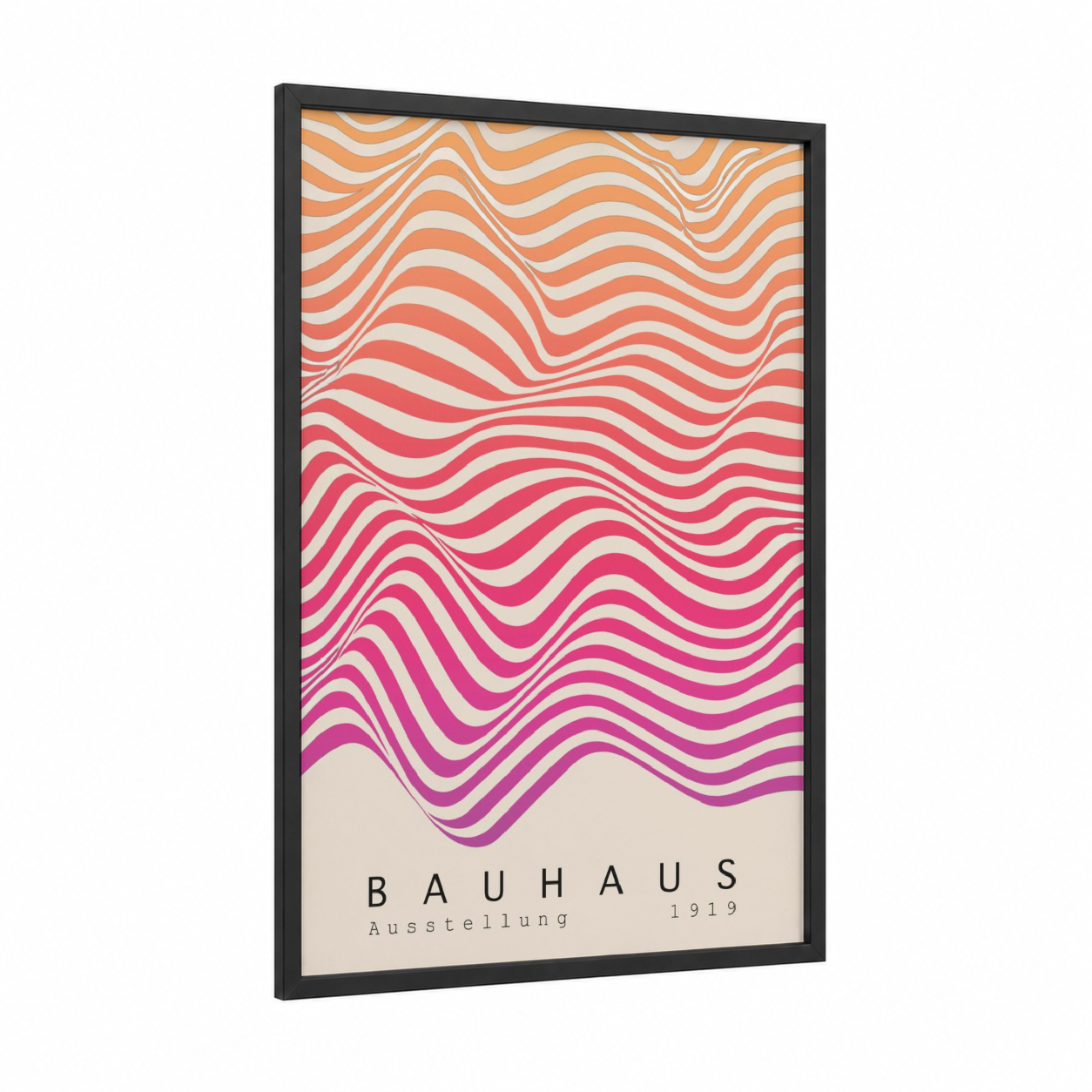 Chromatic Waves framed abstract geometric print — black wood frame — peach and magenta palette