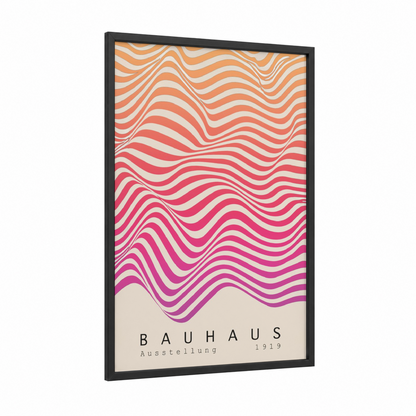 Chromatic Waves framed abstract geometric print — black wood frame — peach and magenta palette