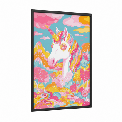 Candy Unicorn framed unicorns print — black wood frame — pink and yellow palette