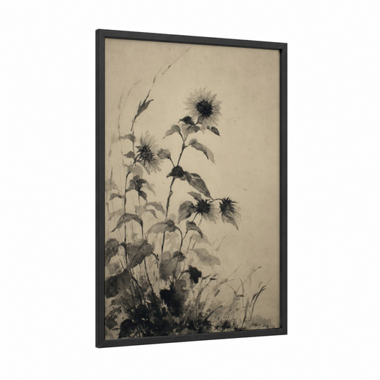 Faded Sunflowers framed sunflower field print — black wood frame — black and white and beige palette