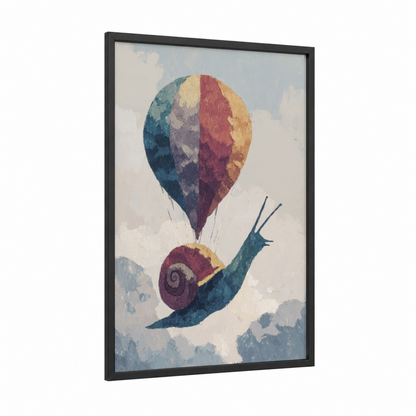 Dreaming Snail framed art print — black wood frame — blue and gold palette